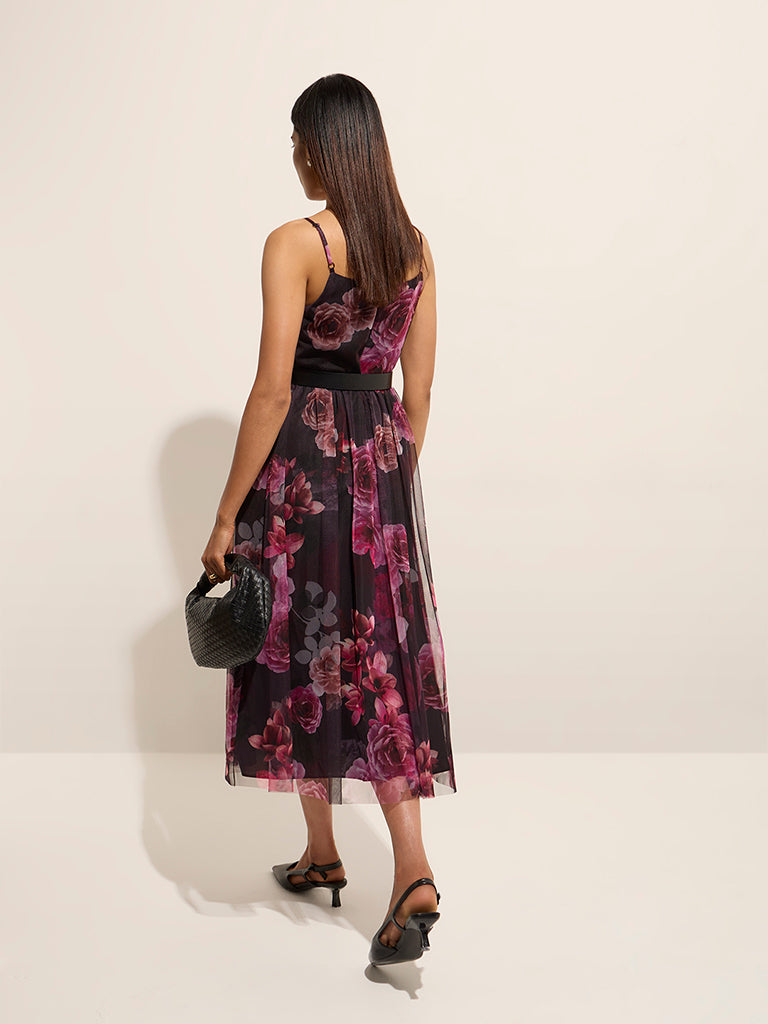 Wardrobe Black Floral Printed A-Line Dress with Belt