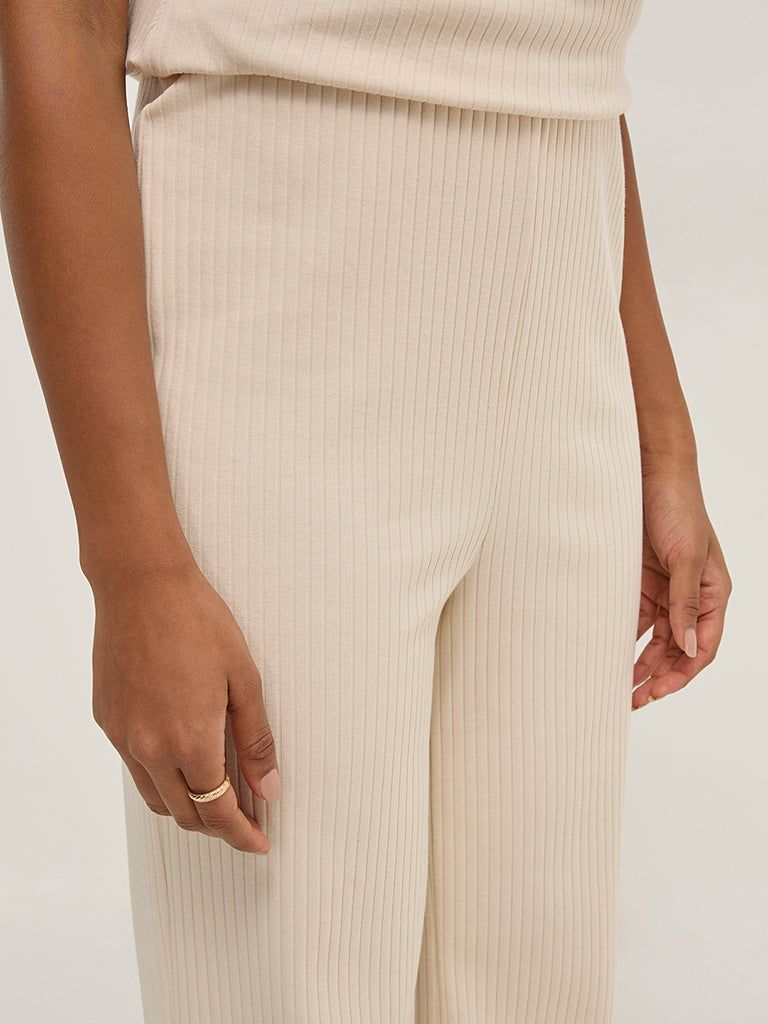 LOV Beige Ribbed-Textured High-Rise Cotton-Blend Pants