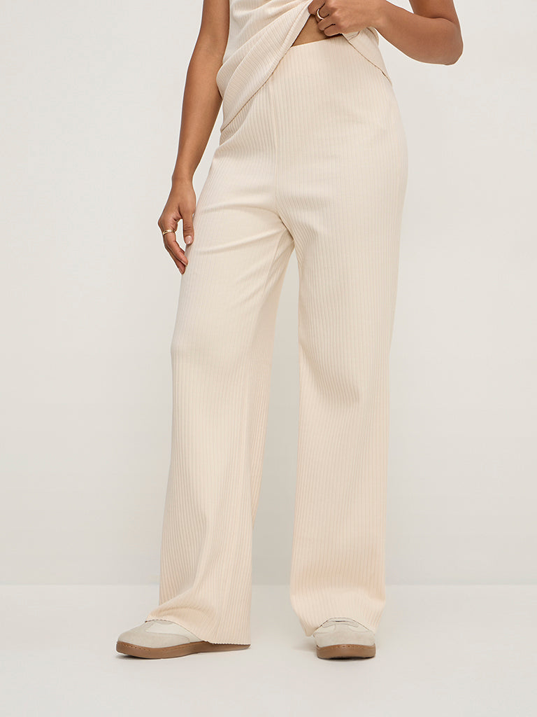 LOV Beige Ribbed-Textured High-Rise Cotton-Blend Pants