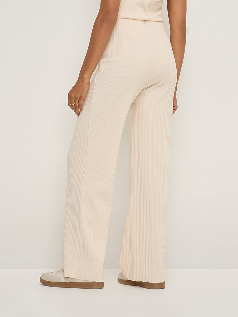 LOV Beige Ribbed-Textured High-Rise Cotton-Blend Pants