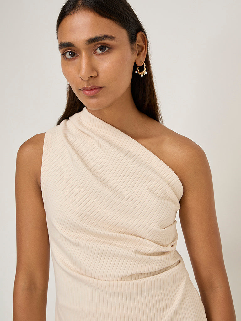 LOV Beige Ribbed-Textured One Shoulder Cotton-Blend Top