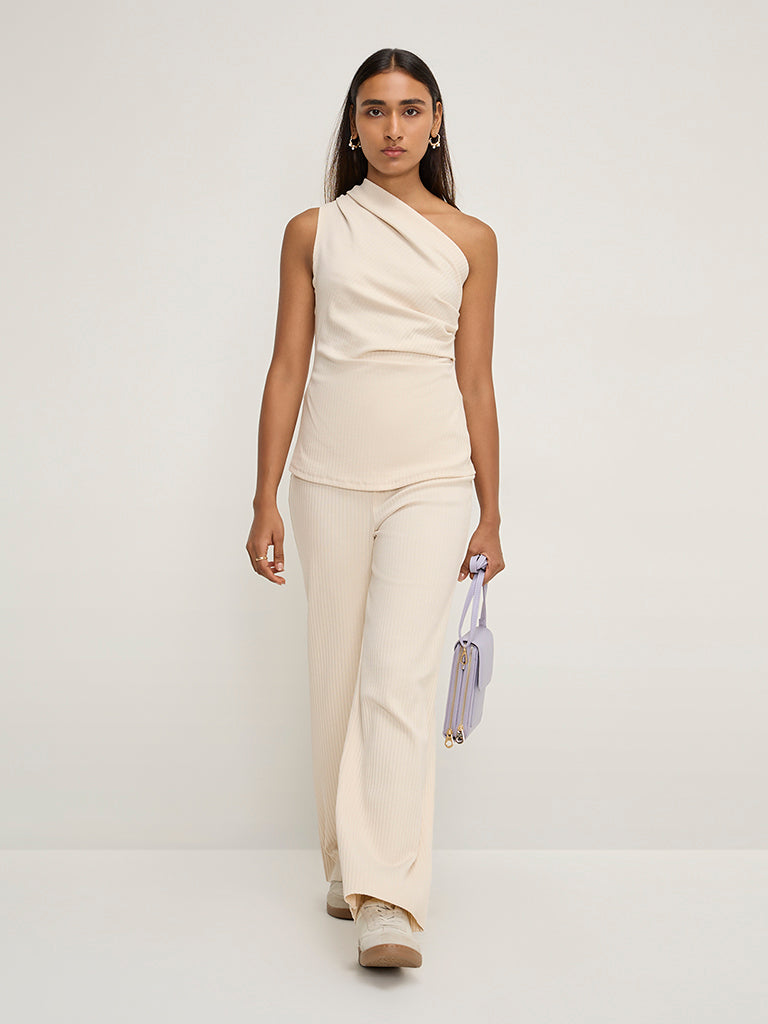 LOV Beige Ribbed-Textured One Shoulder Cotton-Blend Top