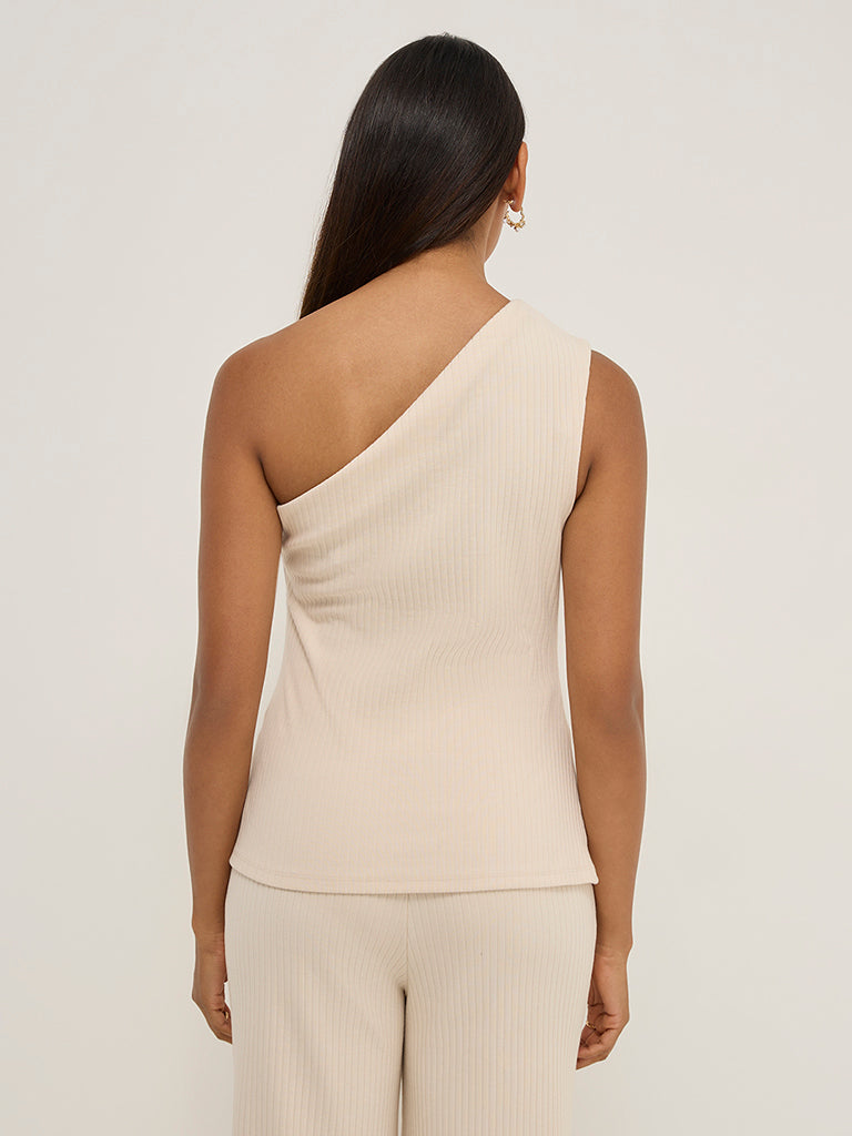 LOV Beige Ribbed-Textured One Shoulder Cotton-Blend Top