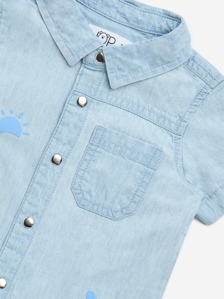 Westside HOP Baby Boy's Light Blue Printed Denim Shirt for Casual Wear Zoomed View