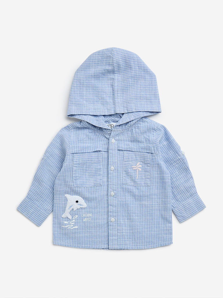 HOP Baby Blue Striped Cotton Hooded Shirt