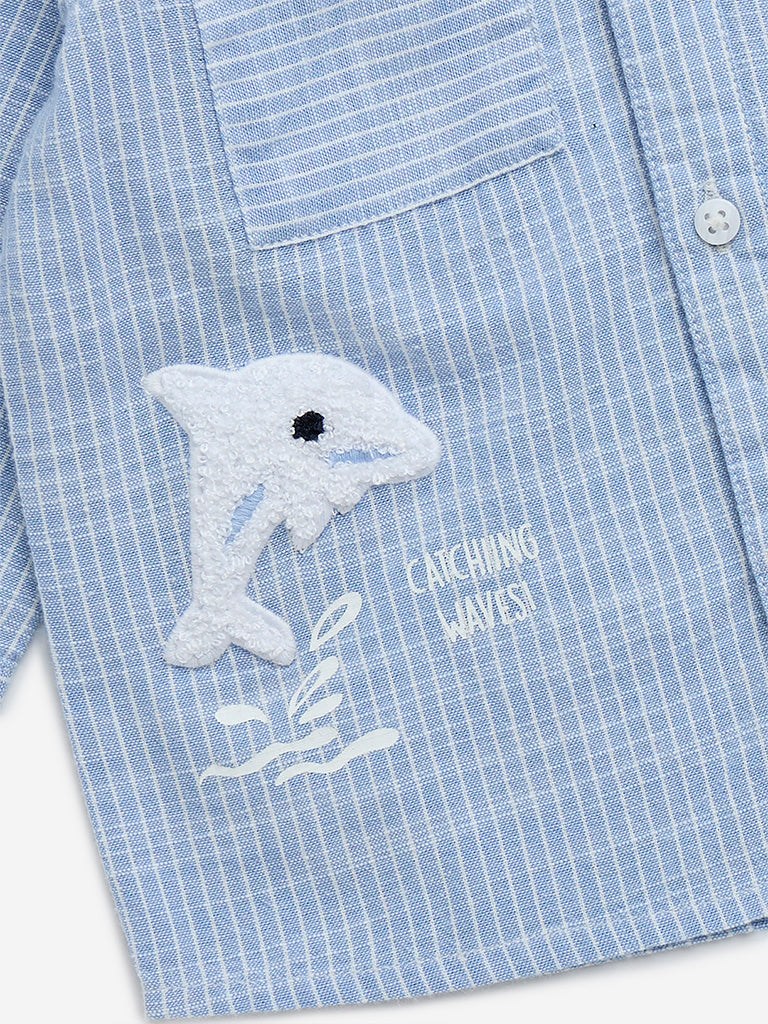 Westside HOP Baby Boy's Blue Striped Cotton Hooded Shirt for Casual Wear Zoomed View