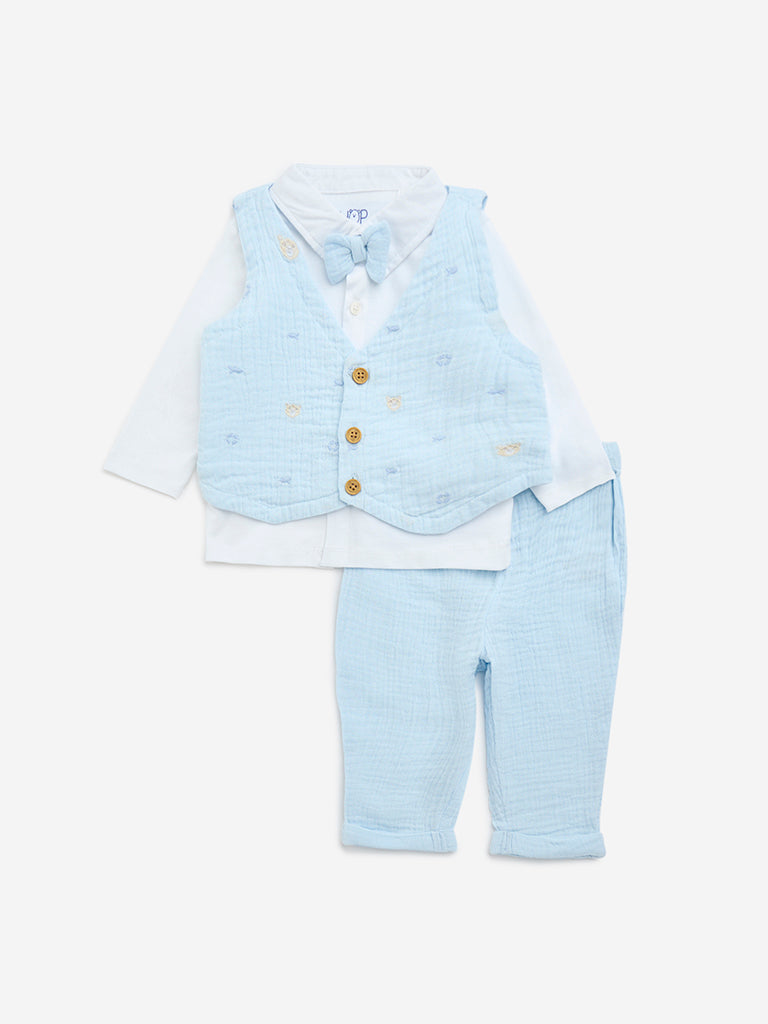 Buy HOP Baby Light Blue Textured Cotton Shirt, Waistcoat, Trousers