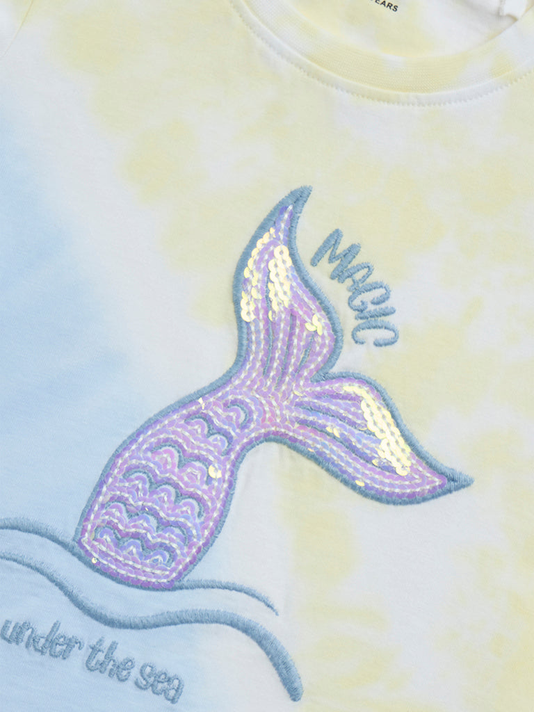 Westside HOP Kids Light Blue & Yellow Tie-Dye Printed Cotton T-Shirt for Casual Wear Zoomed View