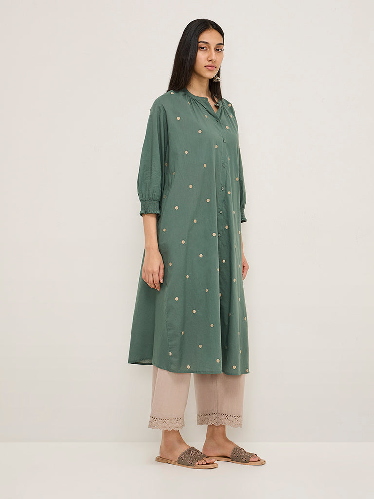 Utsa Sage Embroidered Cotton A-Line Kurta