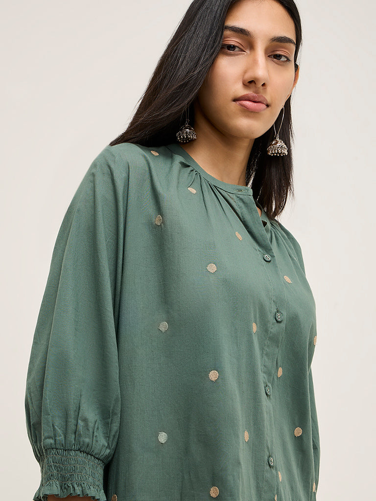 Utsa Sage Embroidered Cotton A-Line Kurta