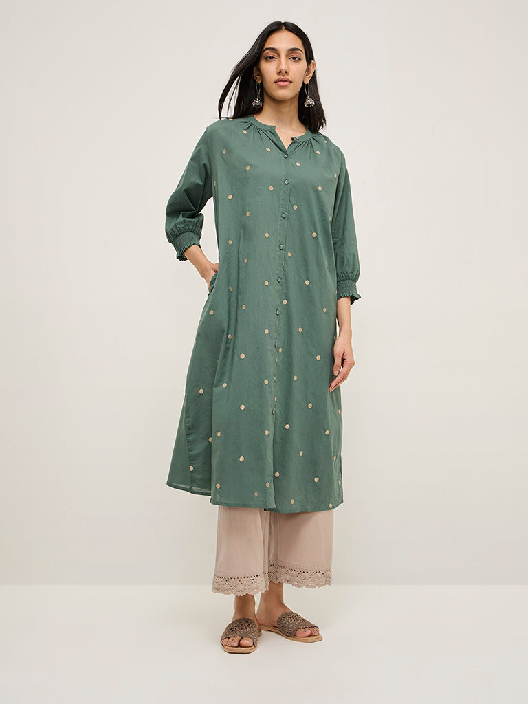 Utsa Sage Embroidered Cotton A-Line Kurta