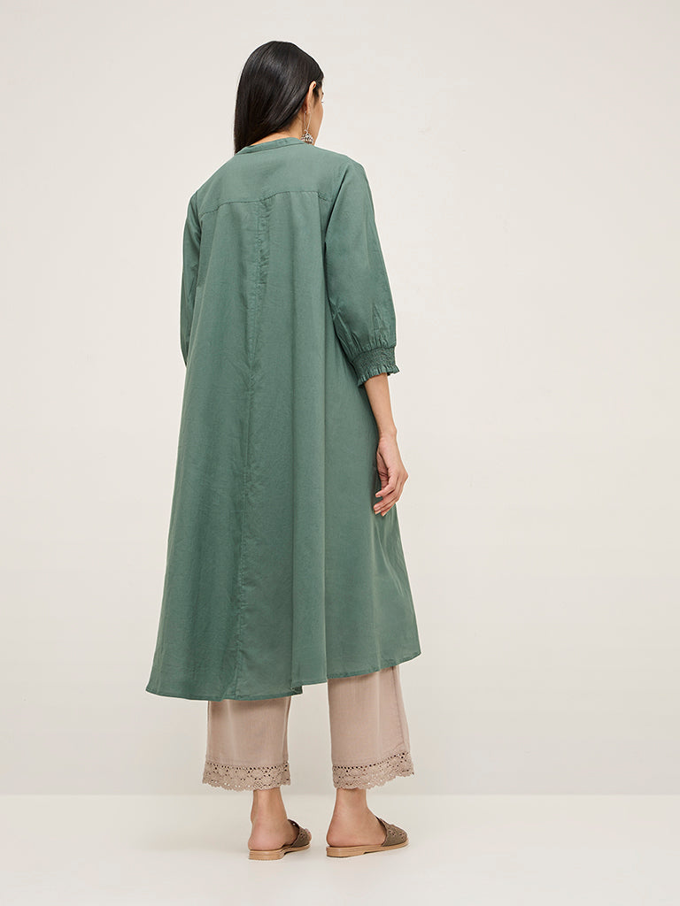 Utsa Sage Embroidered Cotton A-Line Kurta
