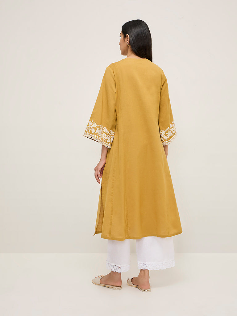 Westside Utsa Women's Mustard Floral Embroidered Cotton-Blend A-Line Kurta for Work Wear Back View
