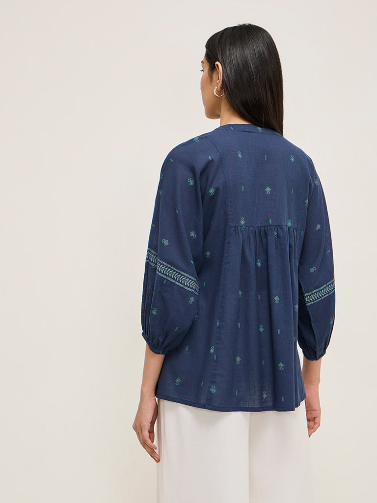 Westside Utsa Women's Navy Pintuck Detailed Fit-and-Flare Cotton Kurti for Work Wear Back View