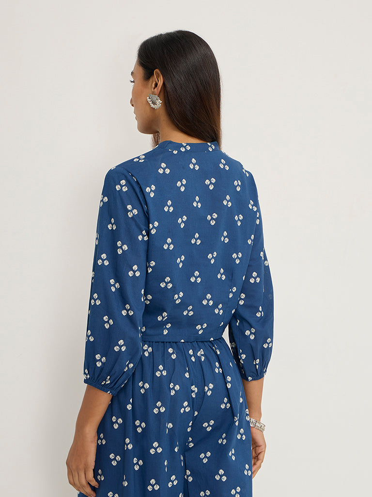 Utsa Blue Printed Cotton Top