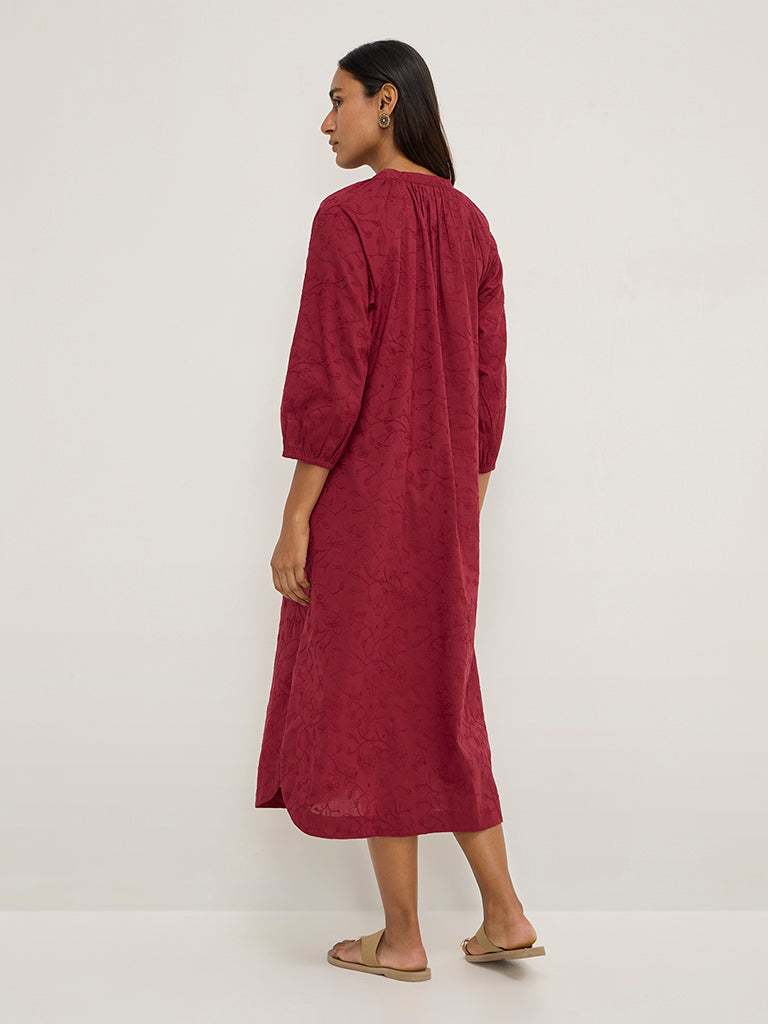 Westside Utsa Women's Magenta Floral Embroidered Cotton Straight Dress for Work Wear Back View