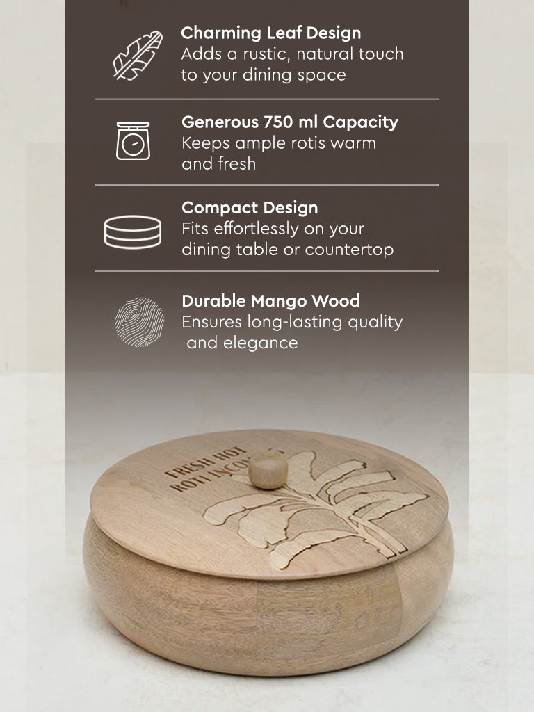 Westside Home Light Brown Leaf Design Wooden Roti Box