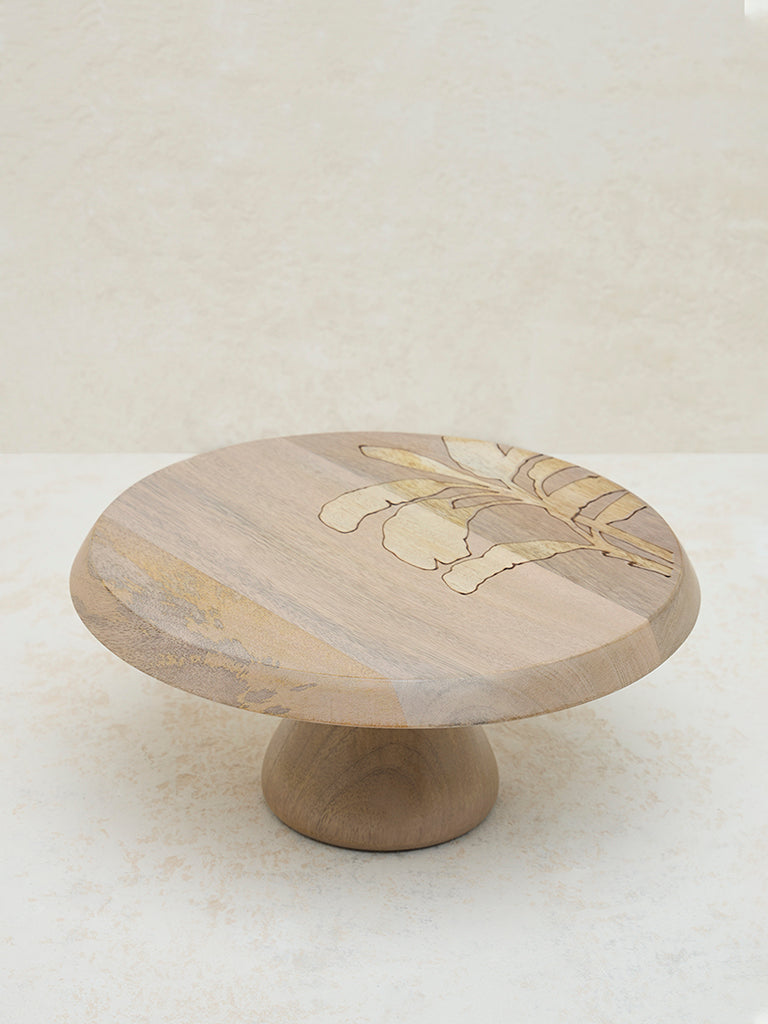 Westside Home Light Brown Leaf Design Wooden Cake Stand