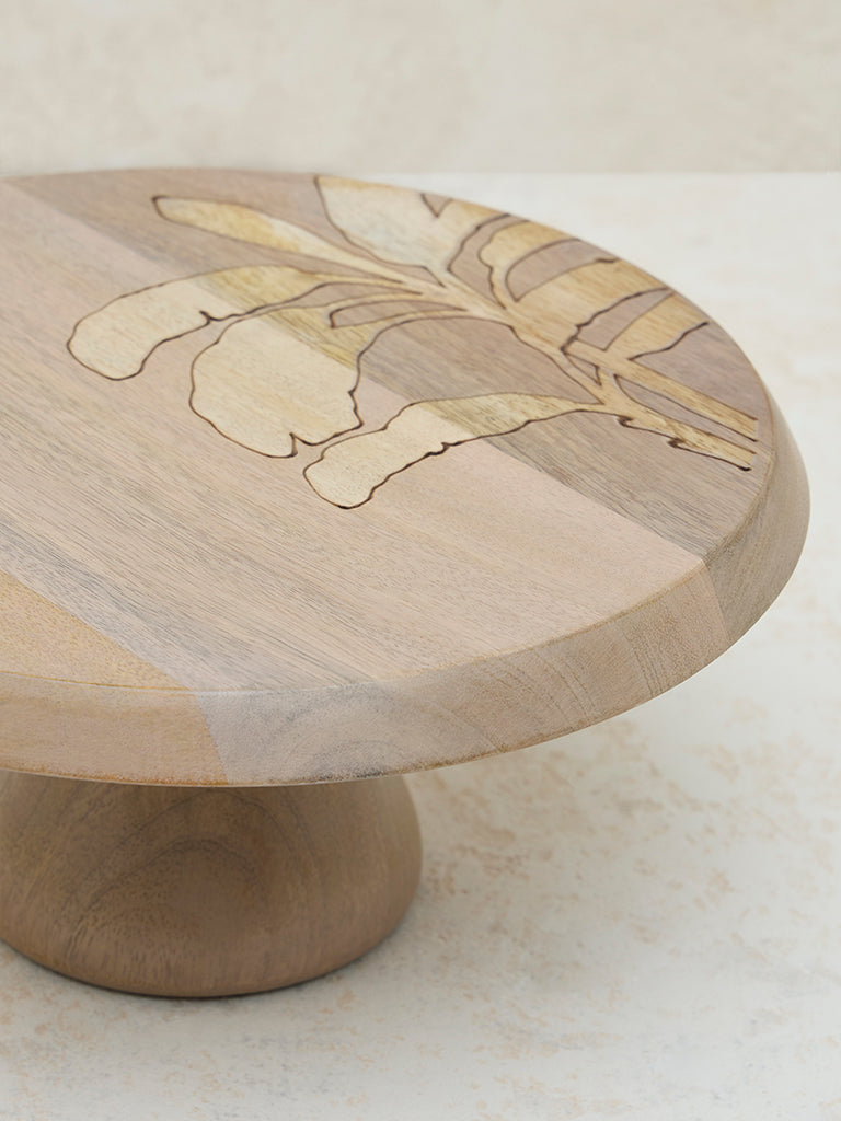 Westside Home Light Brown Leaf Design Wooden Cake Stand