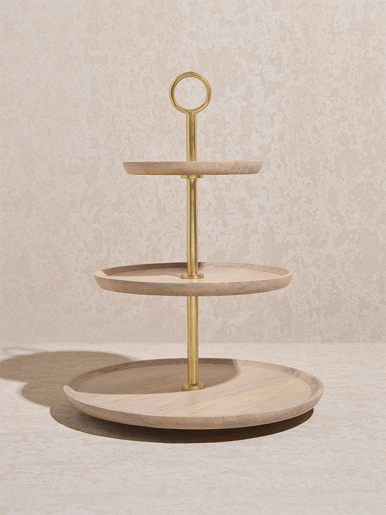 Westside Home Beige Three -Tiered Wooden Cake Stand