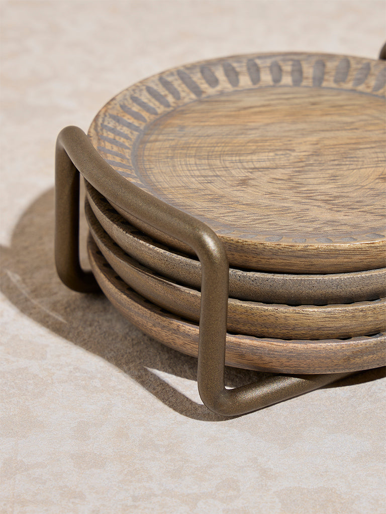 Westside Home Brown Wooden Coasters with Stand (Set of 4)