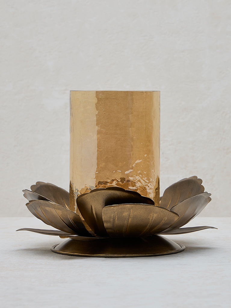 Westside Home Dull Gold Floral Candle Stand with Glass Holder