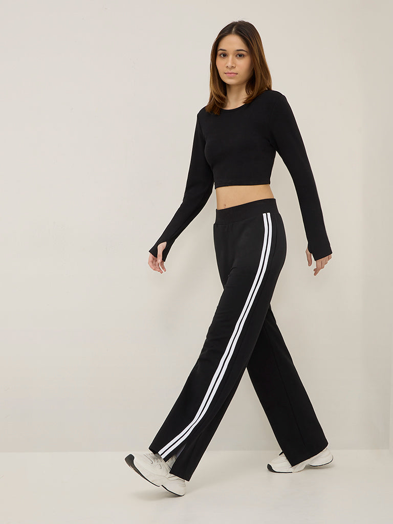 Studiofit Black Striped High-Rise Cotton-Blend Track Pants