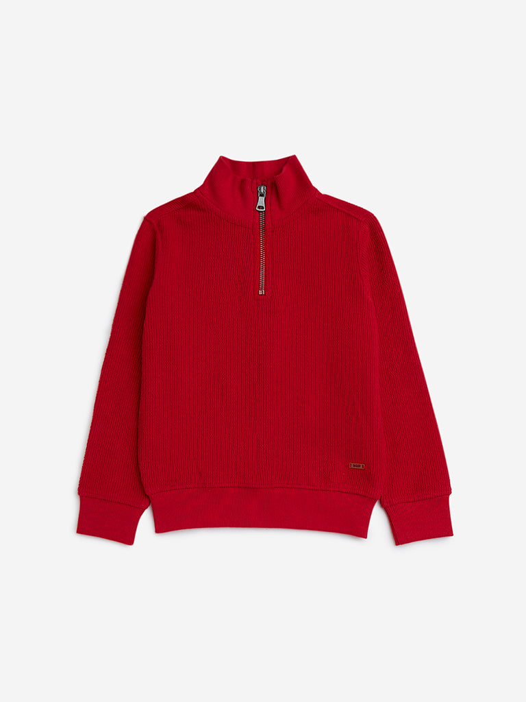 HOP Kids Red Self-Textured Cotton Sweatshirt