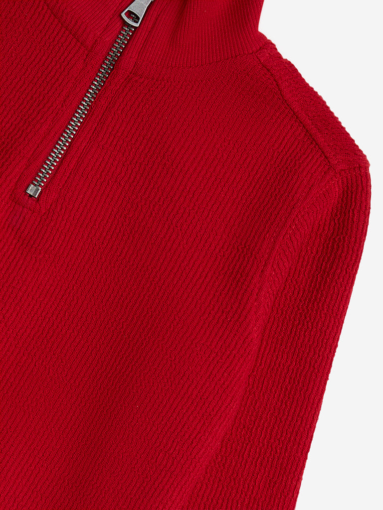 HOP Kids Red Self-Textured Cotton Sweatshirt