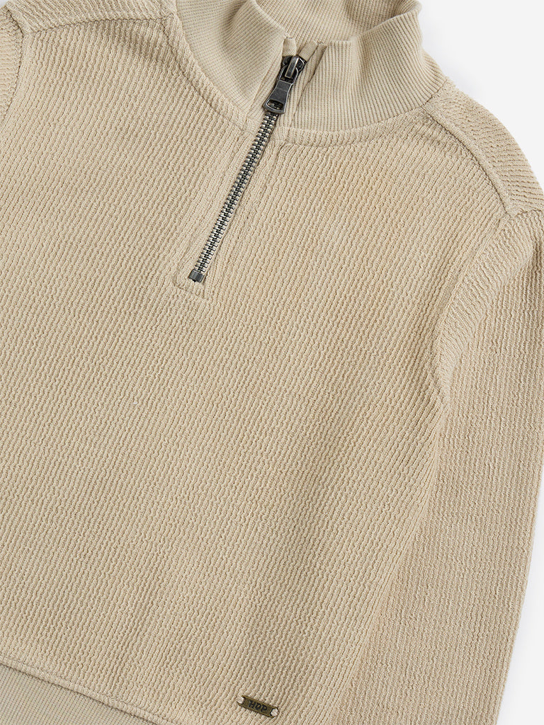 HOP Kids Beige Self-Textured Cotton Sweatshirt