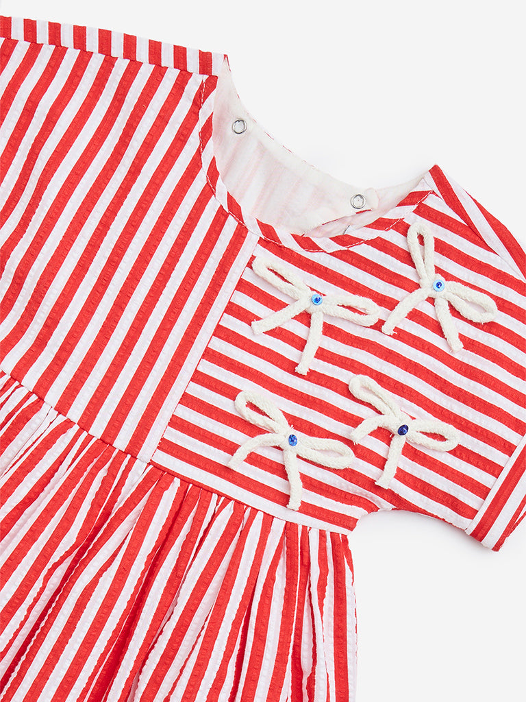 Westside HOP Kids Red Striped Cotton Dress for Casual Wear Zoomed View