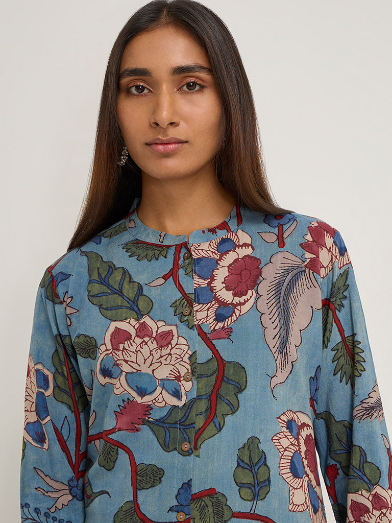 Utsa Blue Floral Design A-Line Kurta
