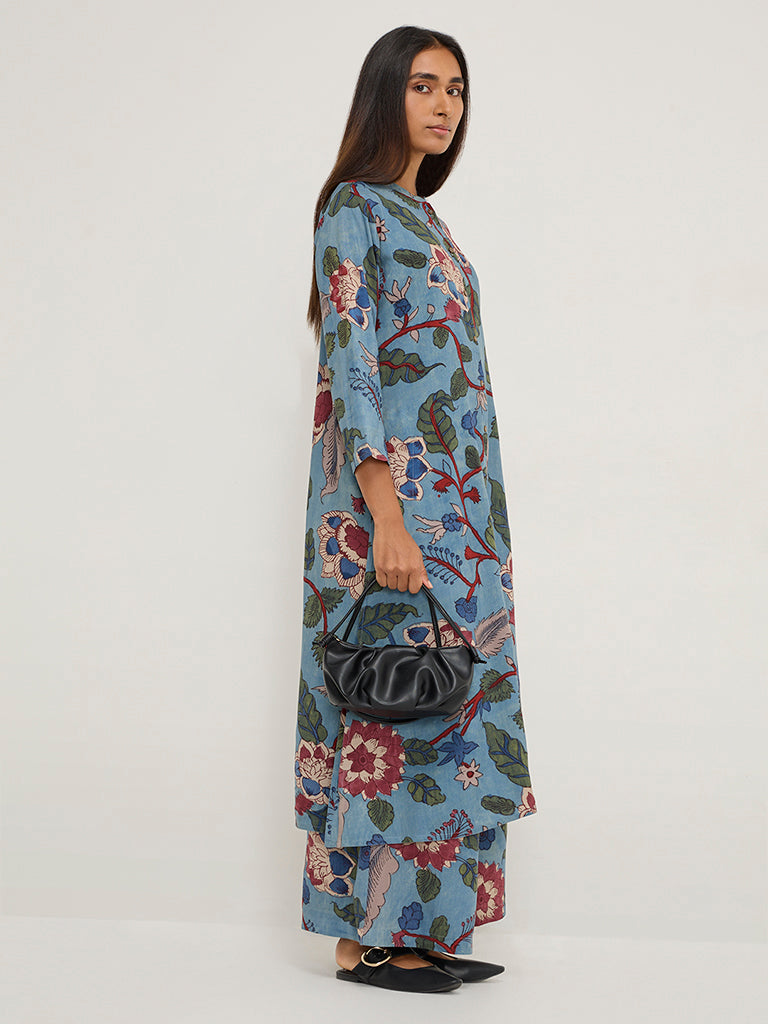 Utsa Blue Floral Design A-Line Kurta