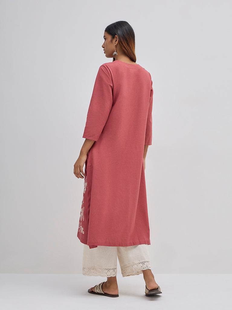 Utsa Dusty Pink Floral Embroidered Cotton A-Line Kurta