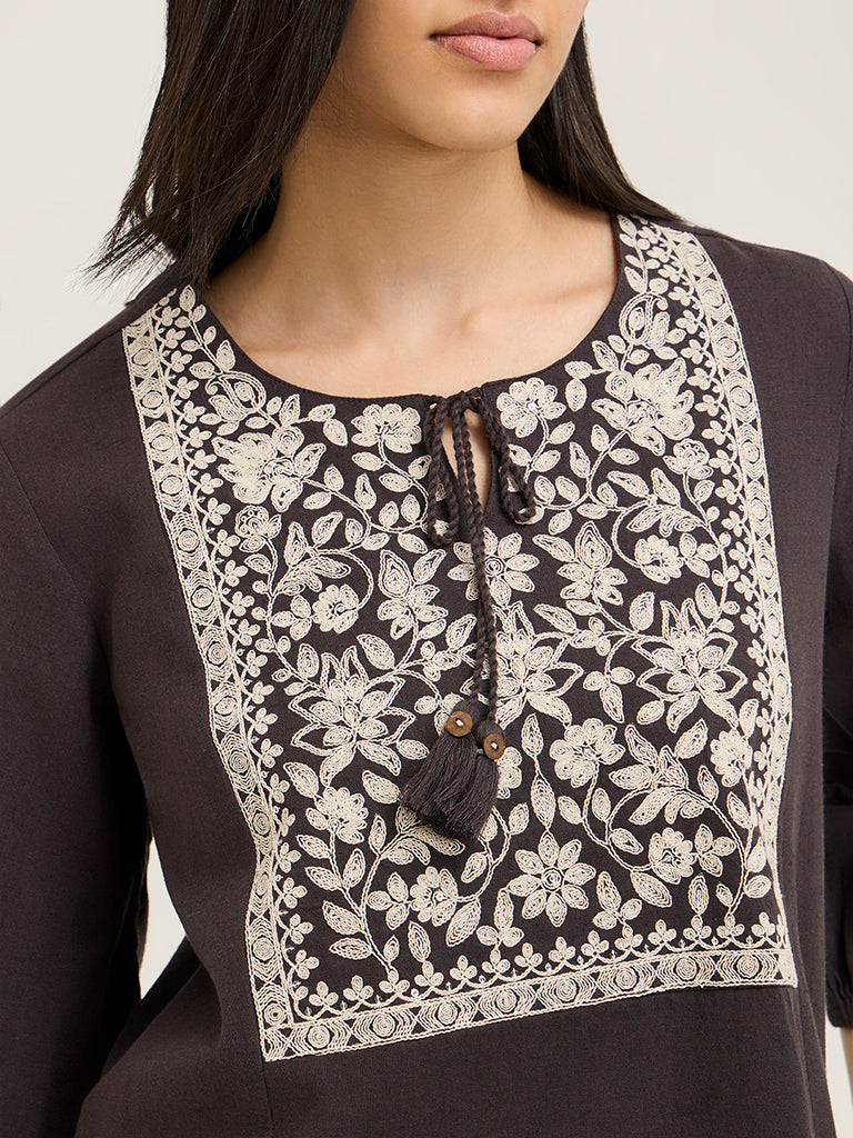 Utsa Dark Brown Embroidered Cotton-Blend A-Line Kurta