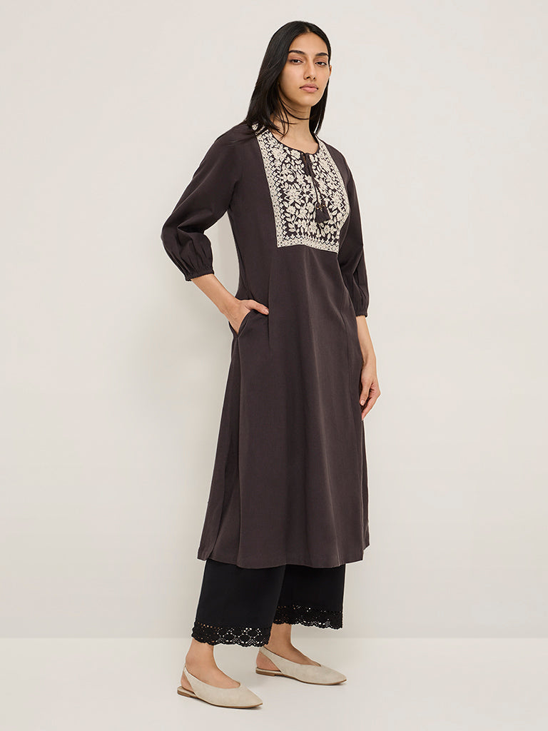 Utsa Dark Brown Embroidered Cotton-Blend A-Line Kurta