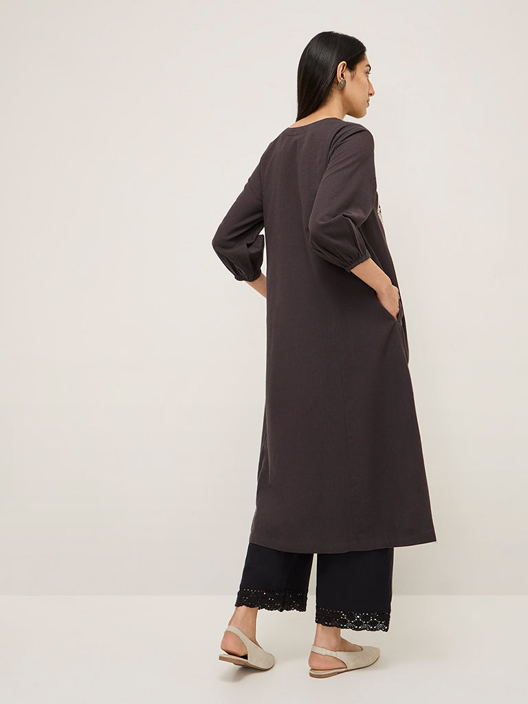 Utsa Dark Brown Embroidered Cotton-Blend A-Line Kurta