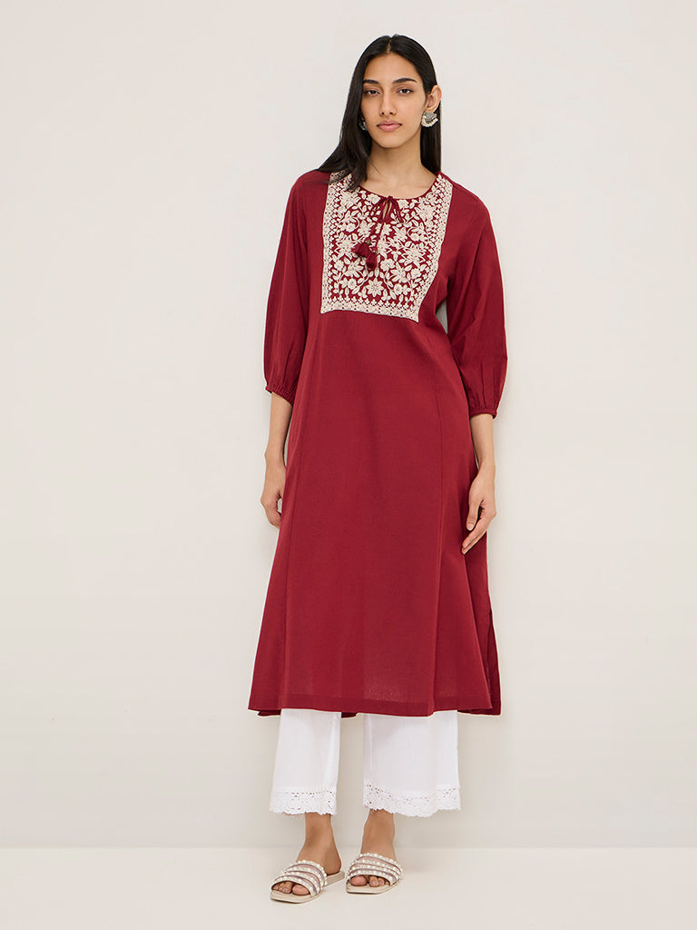 Utsa Maroon Floral Embroidered Cotton-Blend A-Line Kurta