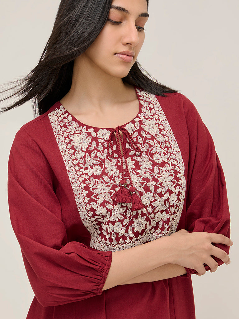 Utsa Maroon Floral Embroidered Cotton-Blend A-Line Kurta