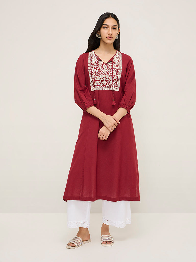 Utsa Maroon Floral Embroidered Cotton-Blend A-Line Kurta