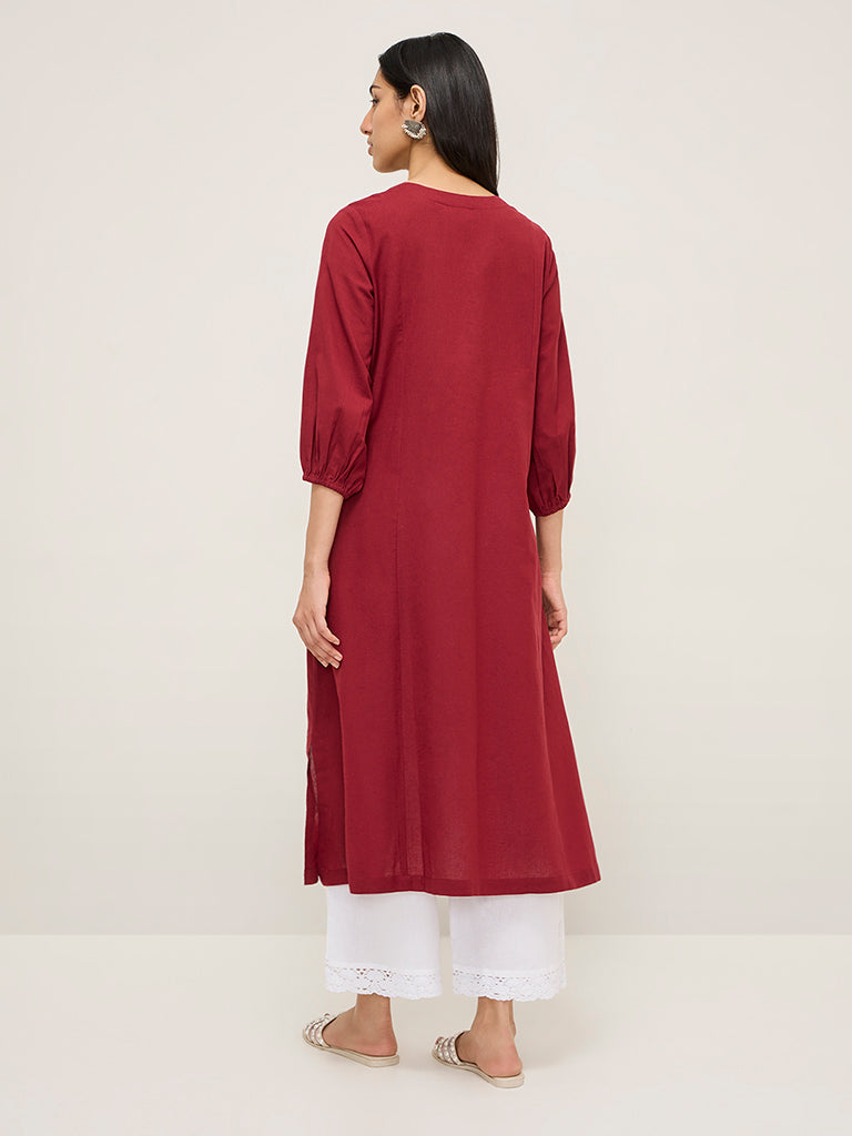 Utsa Maroon Floral Embroidered Cotton-Blend A-Line Kurta