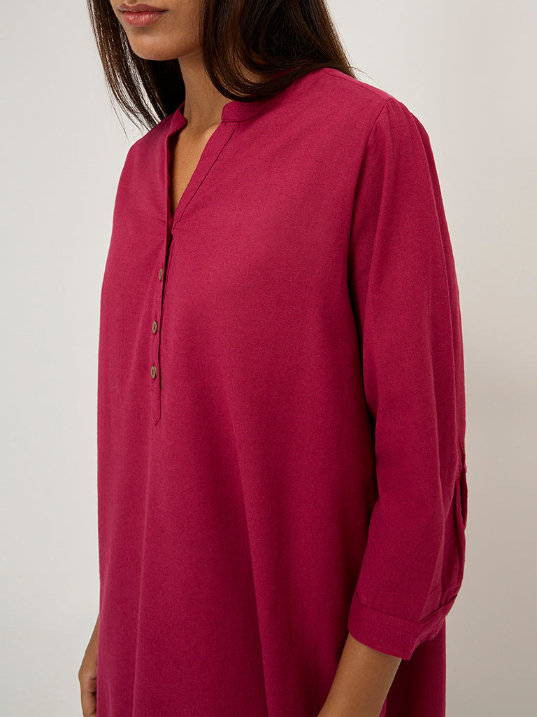Utsa Magenta Solid Cotton-Blend Drop-Waist Dress