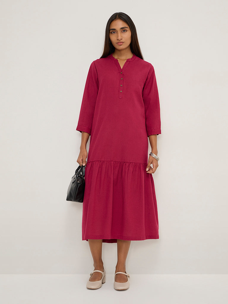 Utsa Magenta Solid Cotton-Blend Drop-Waist Dress