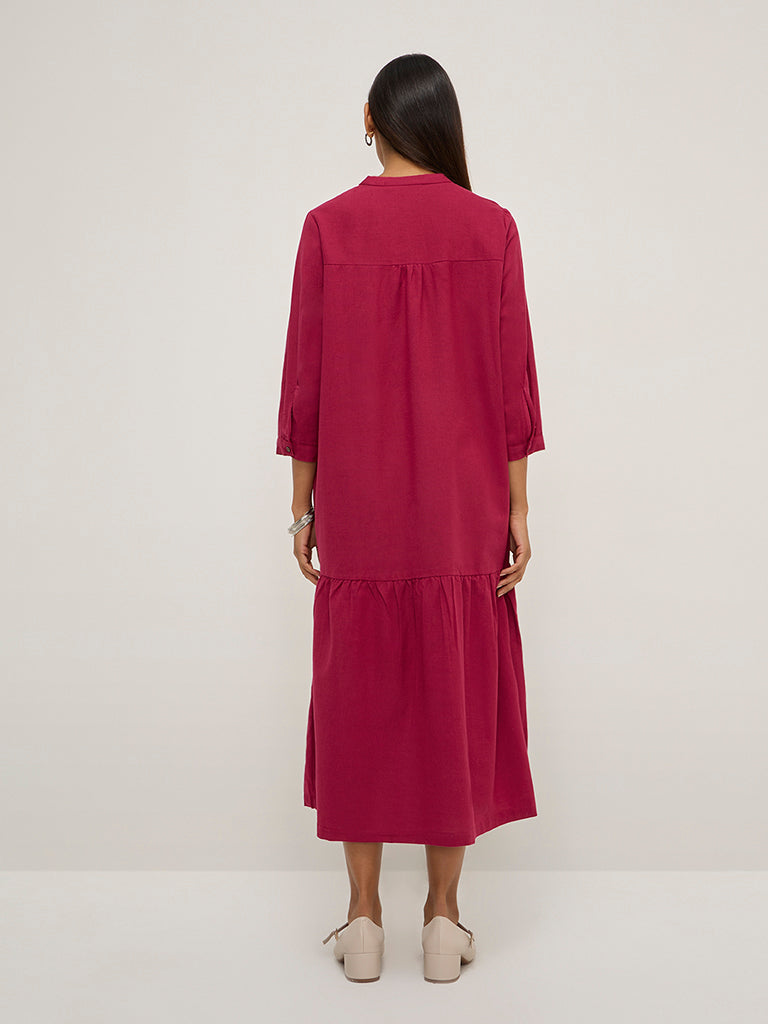 Utsa Magenta Solid Cotton-Blend Drop-Waist Dress