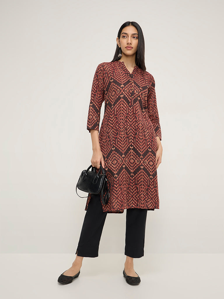 Utsa Brown Printed Cotton-Blend Straight Kurta