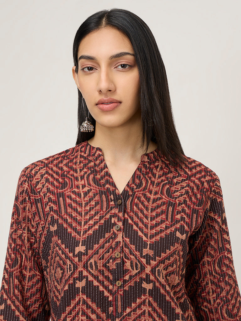 Utsa Brown Printed Cotton-Blend Straight Kurta