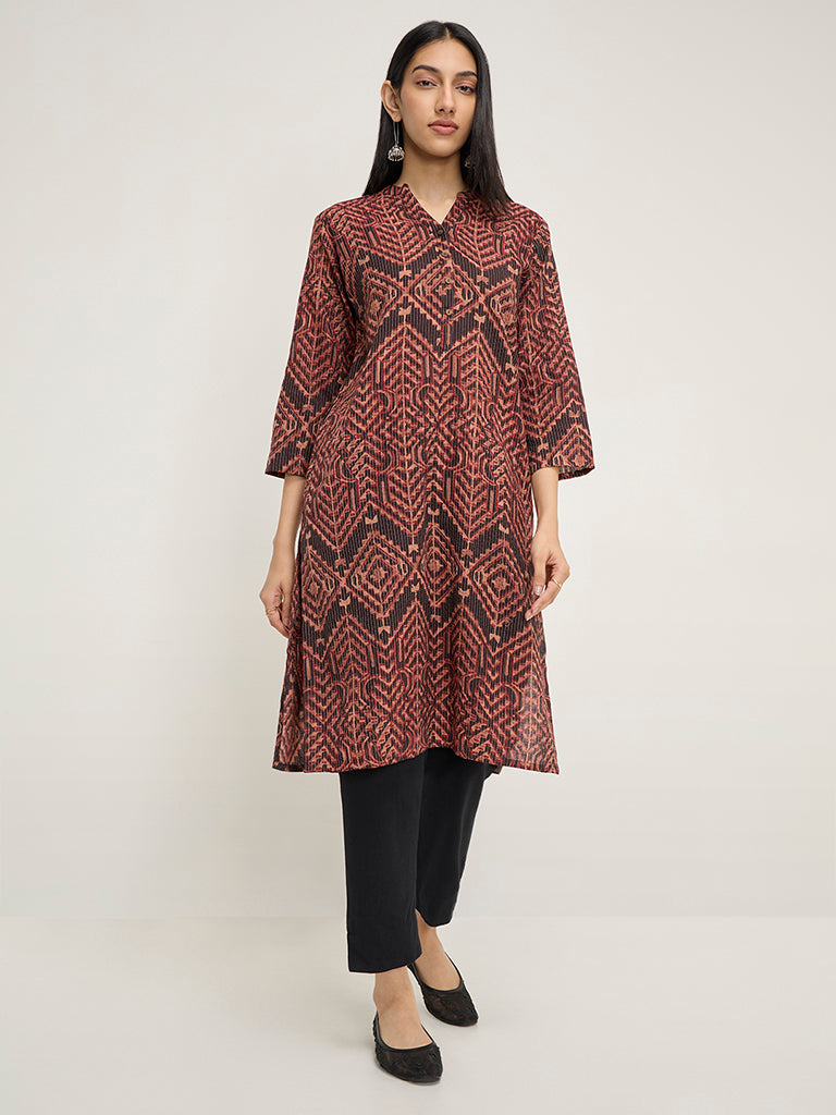 Utsa Brown Printed Cotton-Blend Straight Kurta
