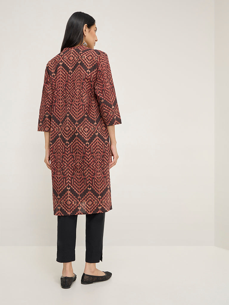 Utsa Brown Printed Cotton-Blend Straight Kurta