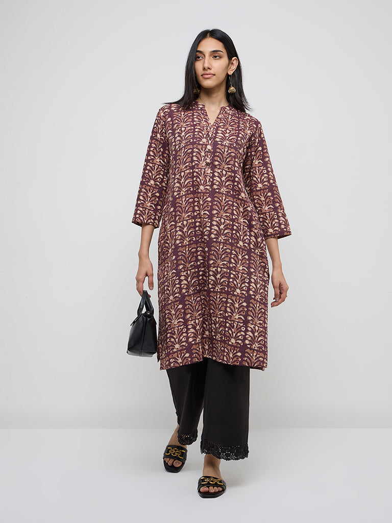 Utsa Purple Botanical Design Cotton-Blend Straight Kurta