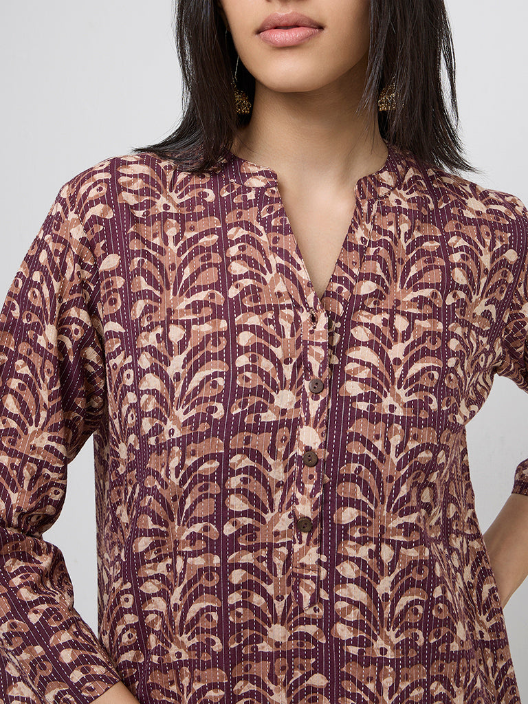 Utsa Purple Botanical Design Cotton-Blend Straight Kurta